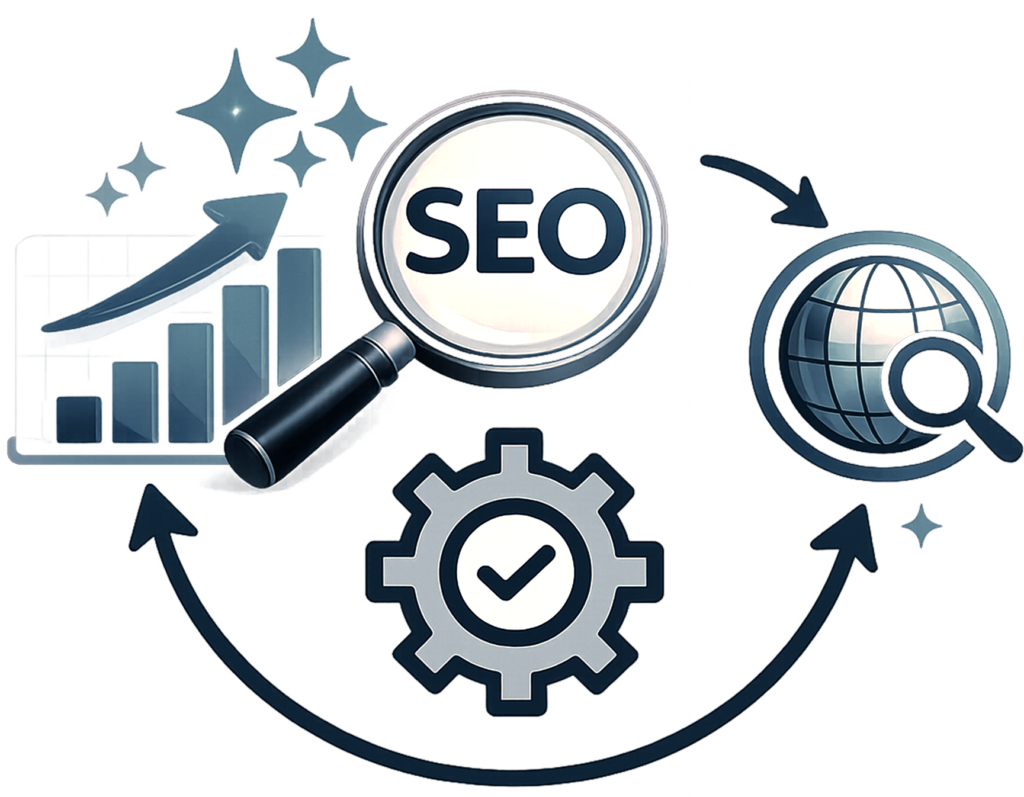 SEO magnifying glass with search ads and global reach icons.