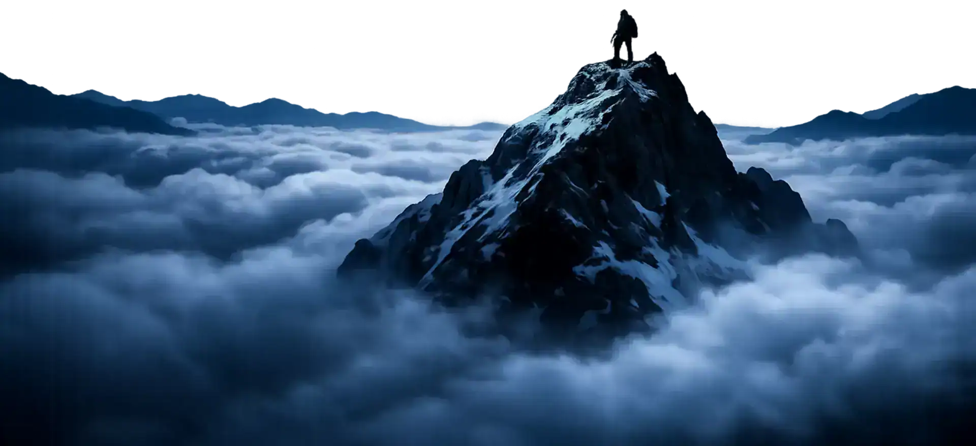 Climbing mountain peak surrounded by clouds and mist, symbolizing achievement and overcoming challen.