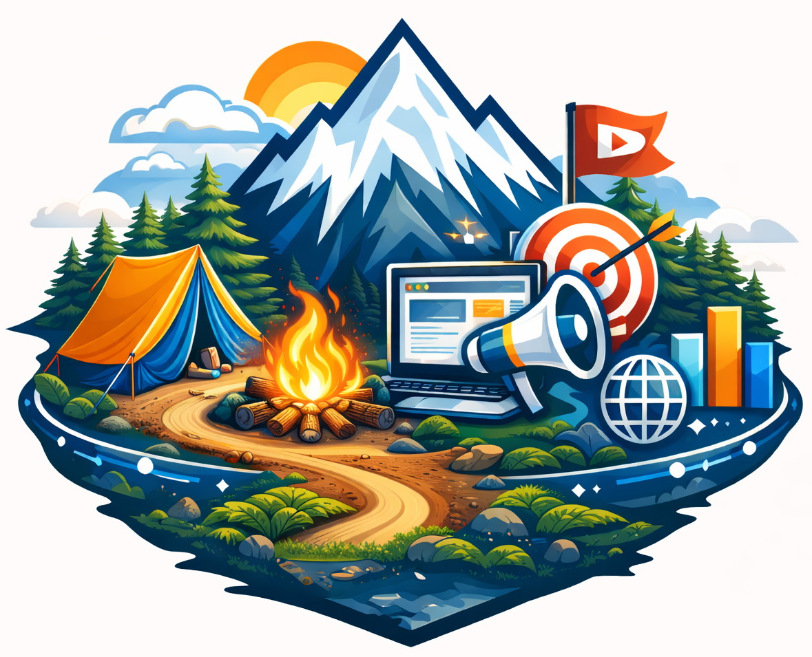 Creative web design with outdoor camping, mountain, and digital marketing elements.