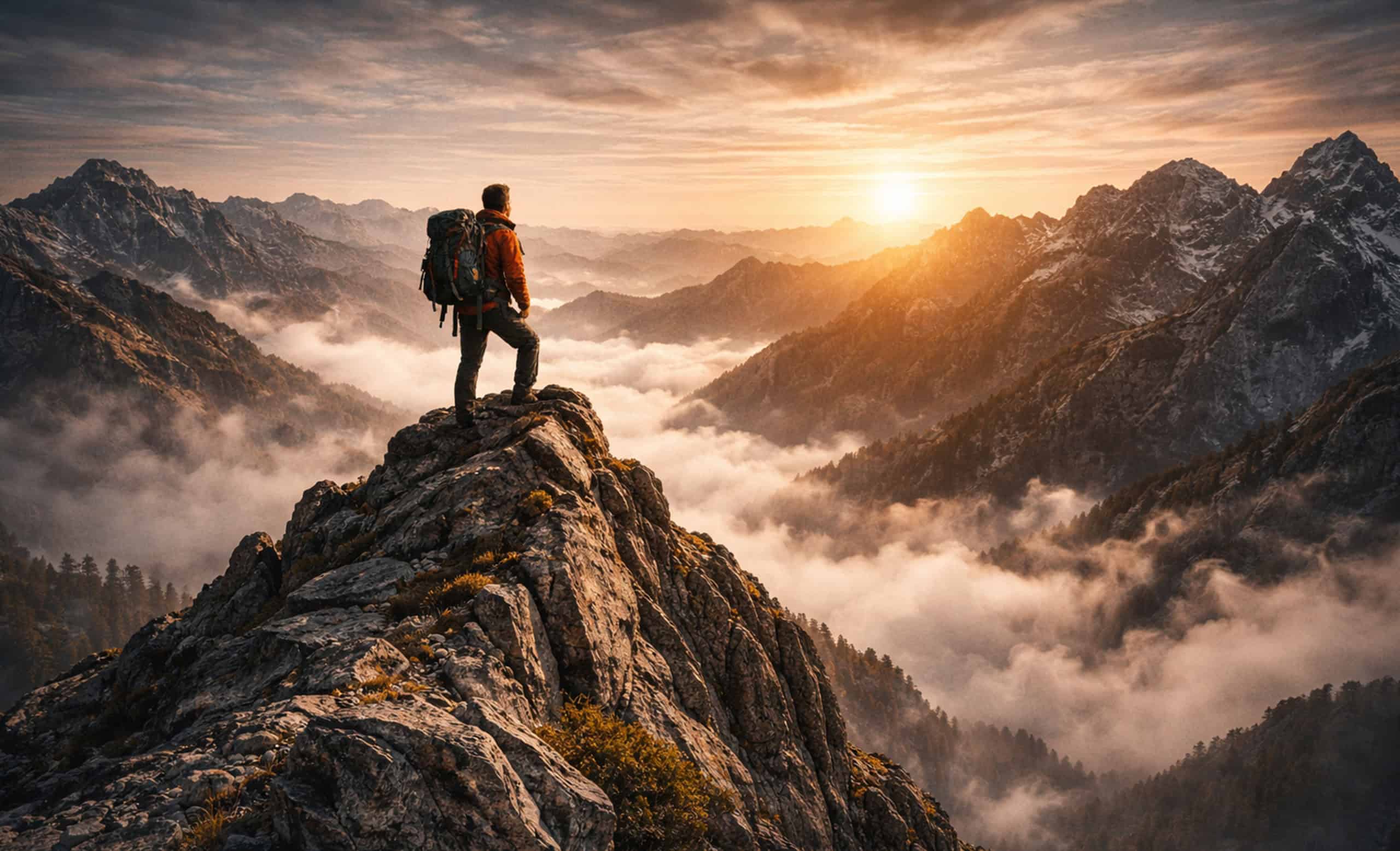 Adventurer standing on mountain peak overlooking sunrise and mountain range.