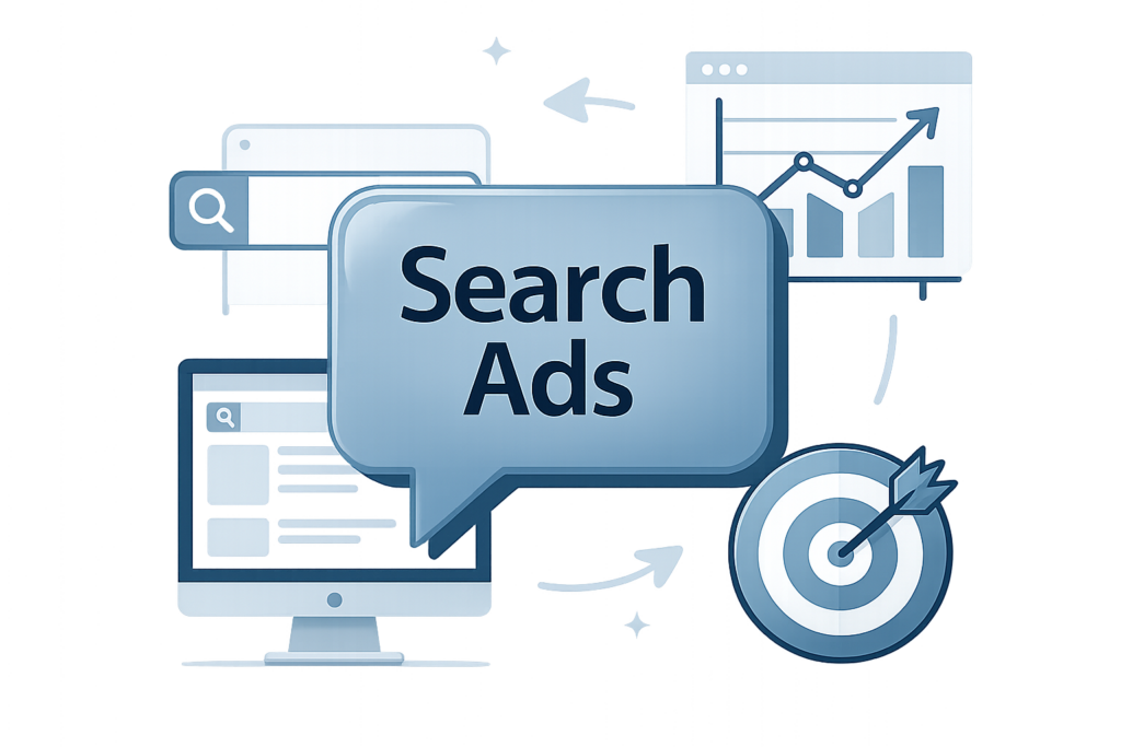 Search ads digital marketing strategy with analytics and target audience focus.