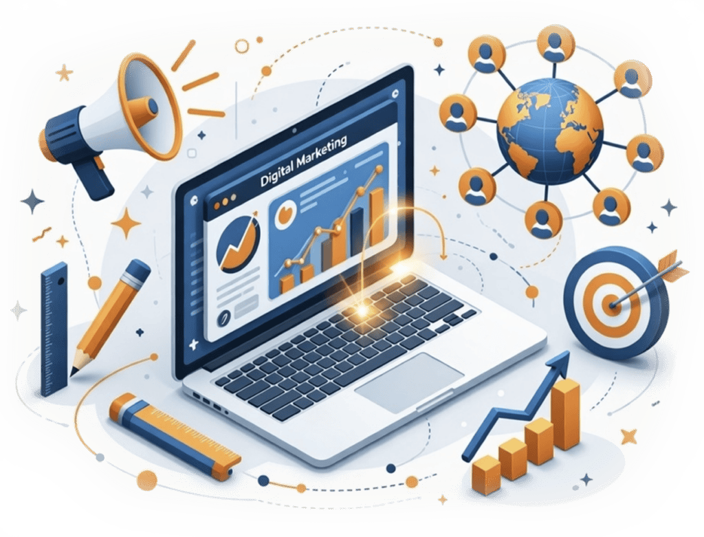Digital marketing analytics and global outreach on laptop screen.