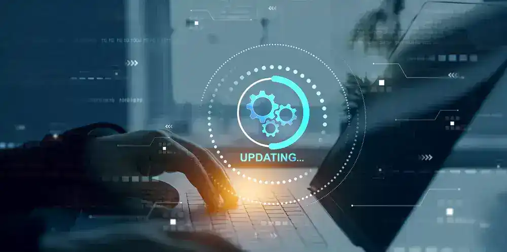 Digital maintenance process with gears and progress indicator.