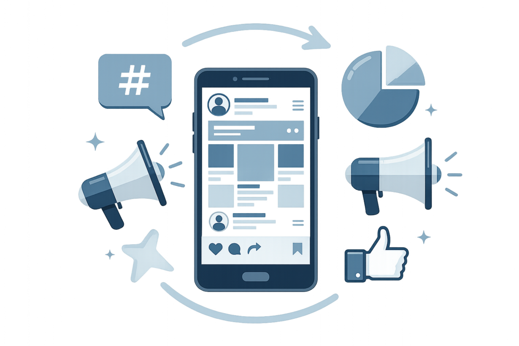 Mobile phone displaying social media ads with icons of likes, shares, and analytics.